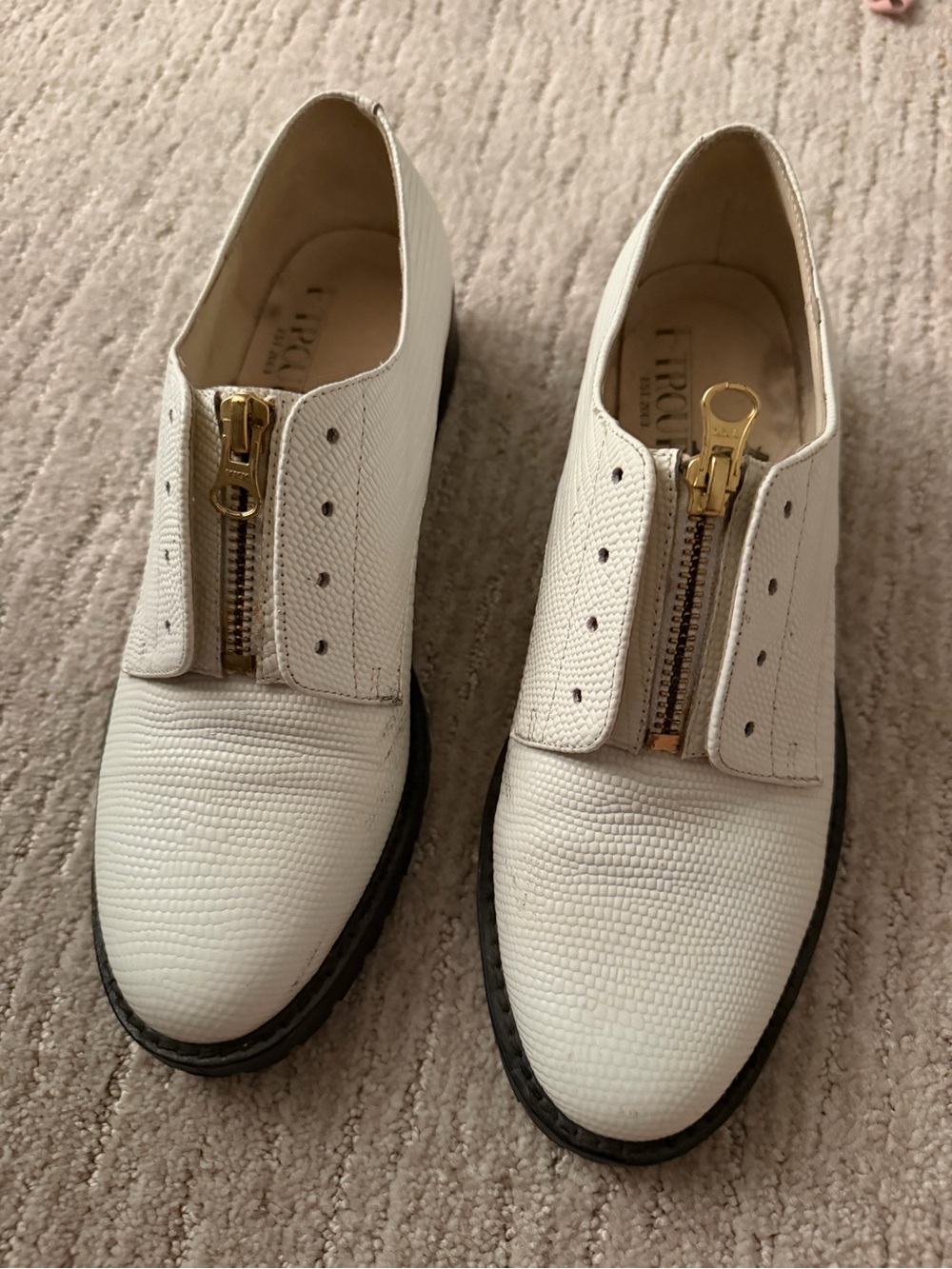 F-Troupe White Leather Zip Front Oxford shoes 8